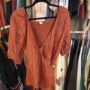 Old Navy Rust Orange Wrap Blouse with Puff Sleeves